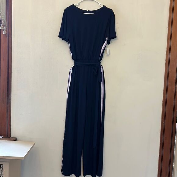 Roz & Ali navy jumpsuit with purple and white stripe and tie waist Size XL New - Picture 1 of 10